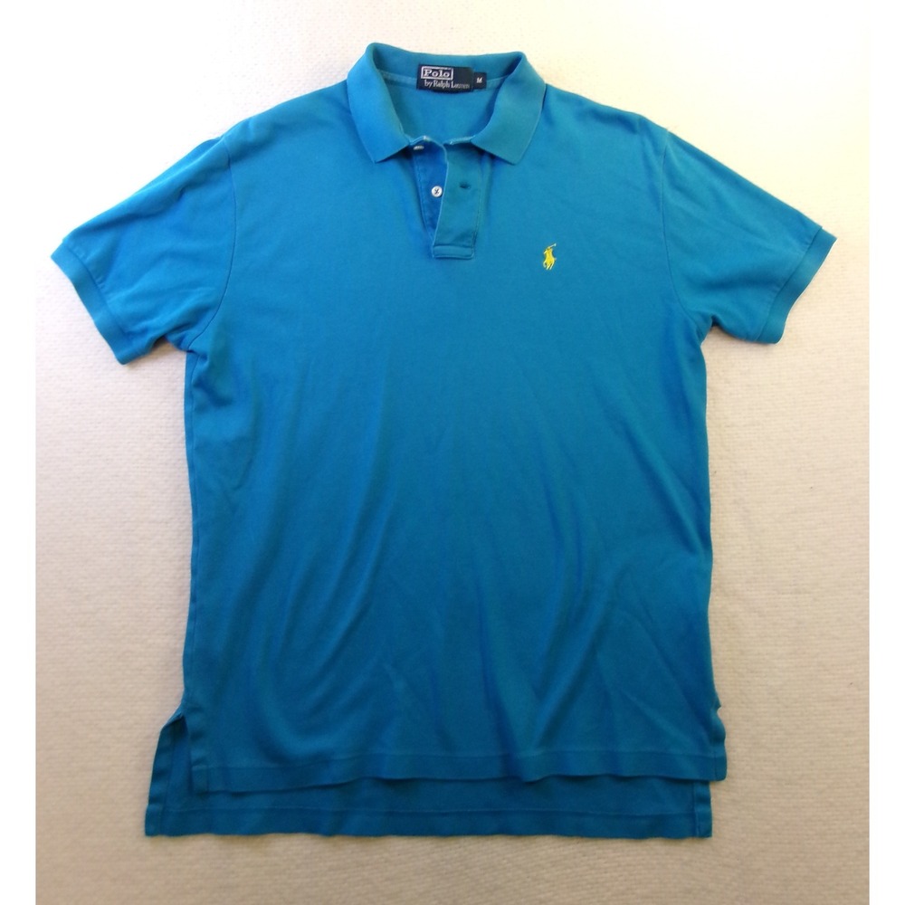 Polo Ralph Lauren Mens Blue Cotton Pique Short Sleeve Polo Shirt Yellow Pony M